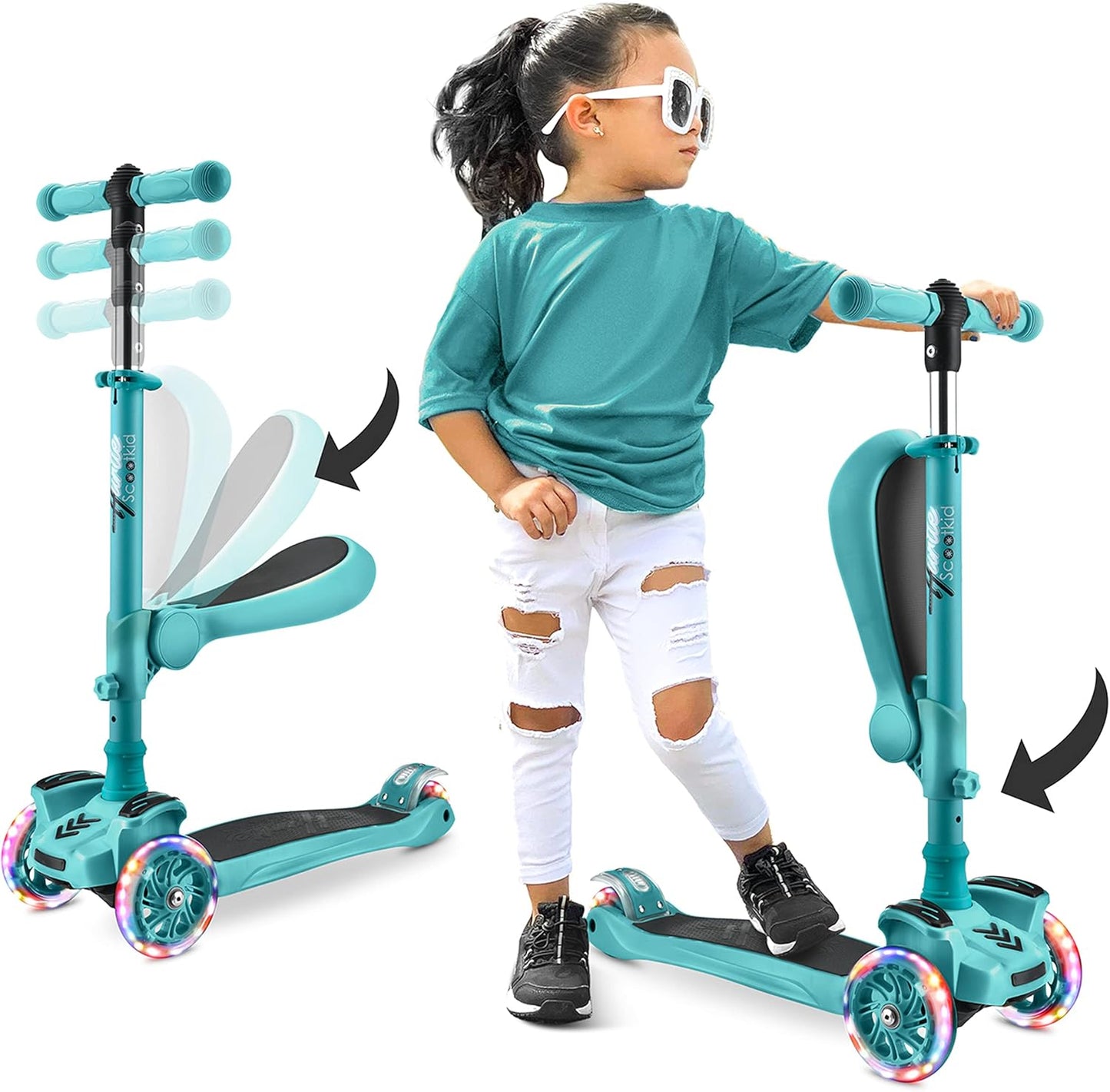 3-Wheeled Scooter for Kids - Wheel LED Lights, Adjustable Lean-To-Steer Handlebar, and Foldable Seat - Sit or Stand Ride with Brake for Boys and Girls Ages 1-14 Years Old