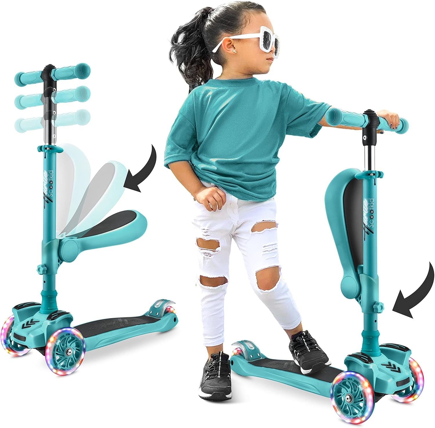 3-Wheeled Scooter for Kids - Wheel LED Lights, Adjustable Lean-To-Steer Handlebar, and Foldable Seat - Sit or Stand Ride with Brake for Boys and Girls Ages 1-14 Years Old
