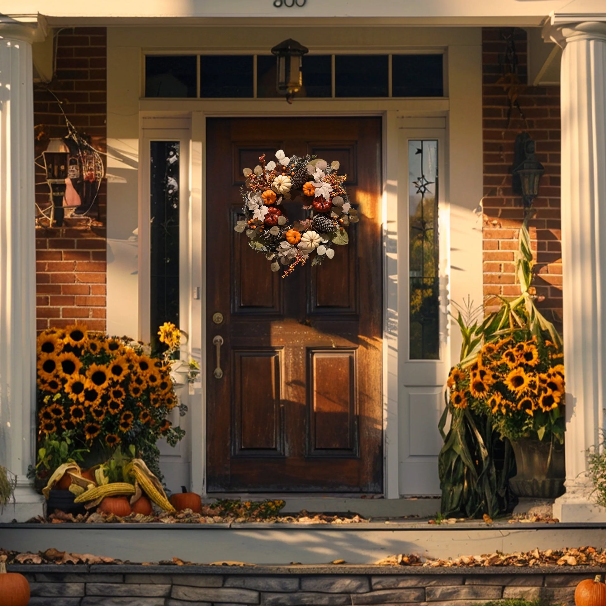 24 Inches Pre-Lit Fall Wreath Lighted Thanksgiving Wreath with Red Orange White Pumpkin & Pine Cone Harvest Wreath for Front Door Fireplace Farmhouse