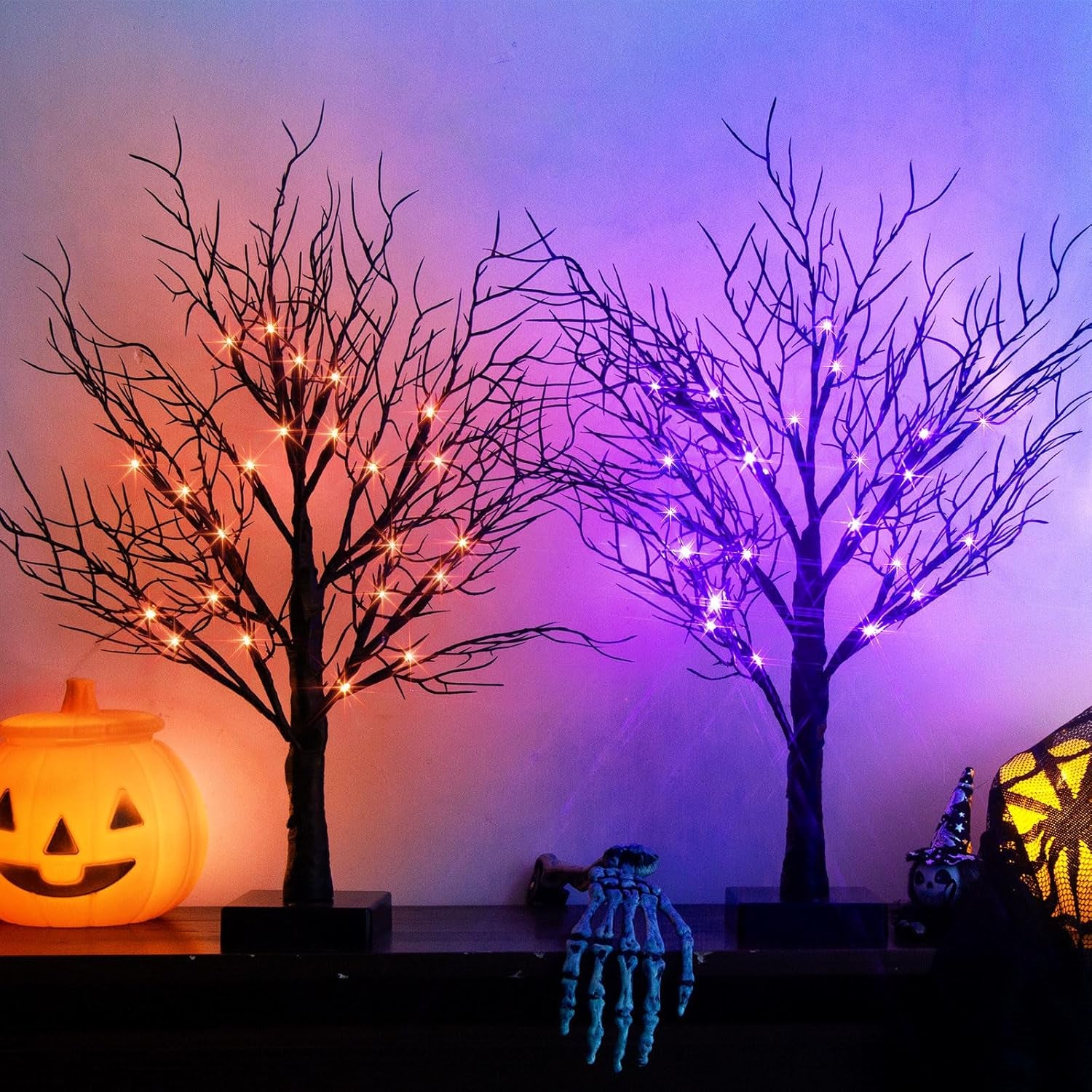 Halloween Decorations, 2FT Black Halloween Tree with 24 Purple Lights and 8 Bat Ornaments, Light up Halloween Decorations with Timer for Indoor Home Desk Table Decor (2PK)