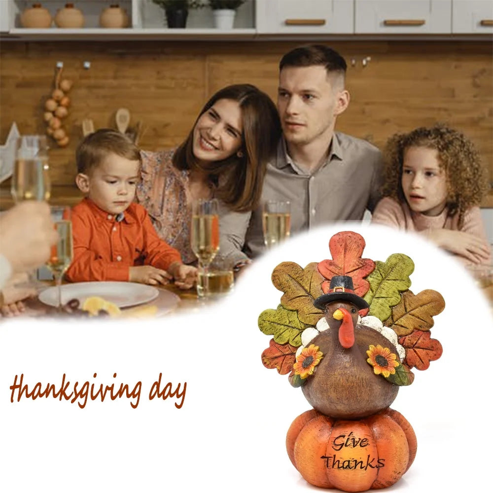 Hand-Painted Thanksgiving Turkey Pumpkin Table Decoration, Resin Table Turkey Pumpkin Centerpiece Table Decoration with Artificial Maple Leaves for Thanksgiving Party