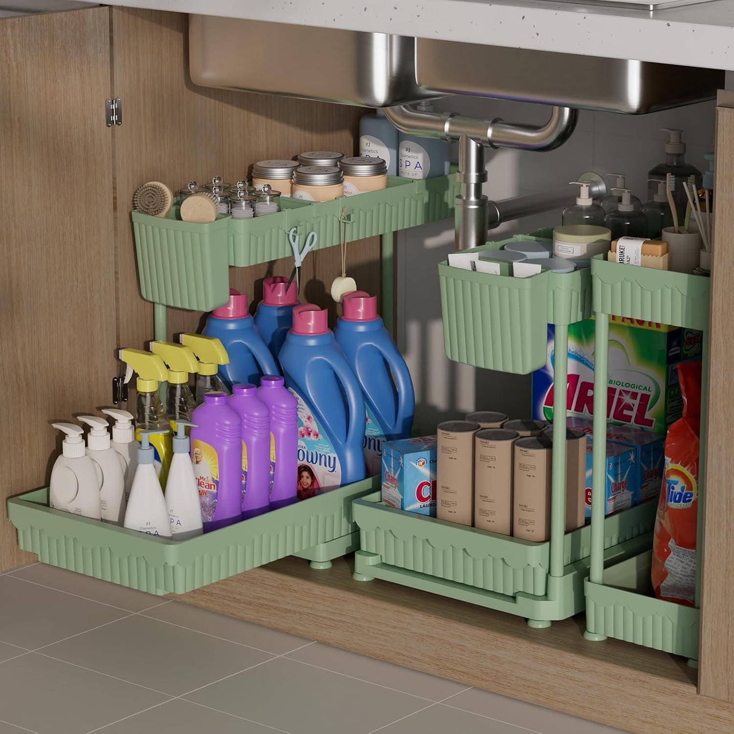 3 Pack Multi-Purpose under Sink Organizers and Storage, 2025 L-Shaped Pull Out Cabinet Organizer for Bathroom & Kitchen, under Cabinet Organizer with Hooks Hanging Cup, Black