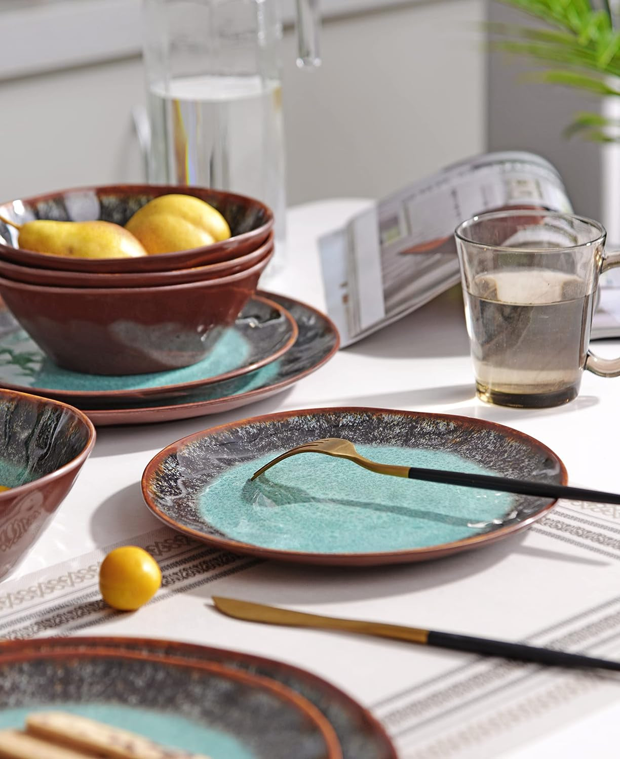 Melamine Dinnerware Set 12 Pcs for 4, Camping Plates and Bowls, Unbreakable, Lightweight, BPA Free, Dishwasher Safe, Blue with Brown