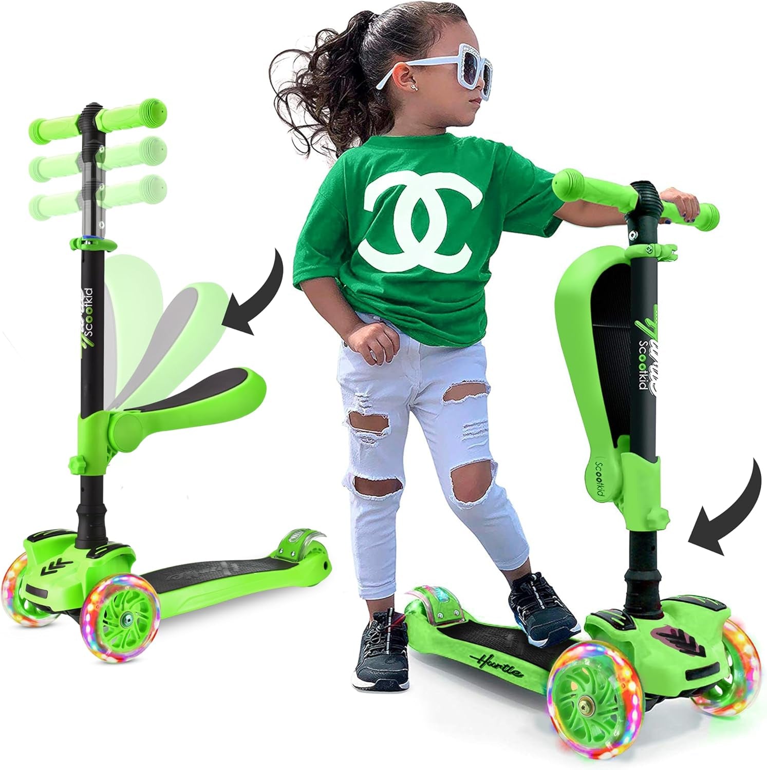 3-Wheeled Scooter for Kids - Wheel LED Lights, Adjustable Lean-To-Steer Handlebar, and Foldable Seat - Sit or Stand Ride with Brake for Boys and Girls Ages 1-14 Years Old