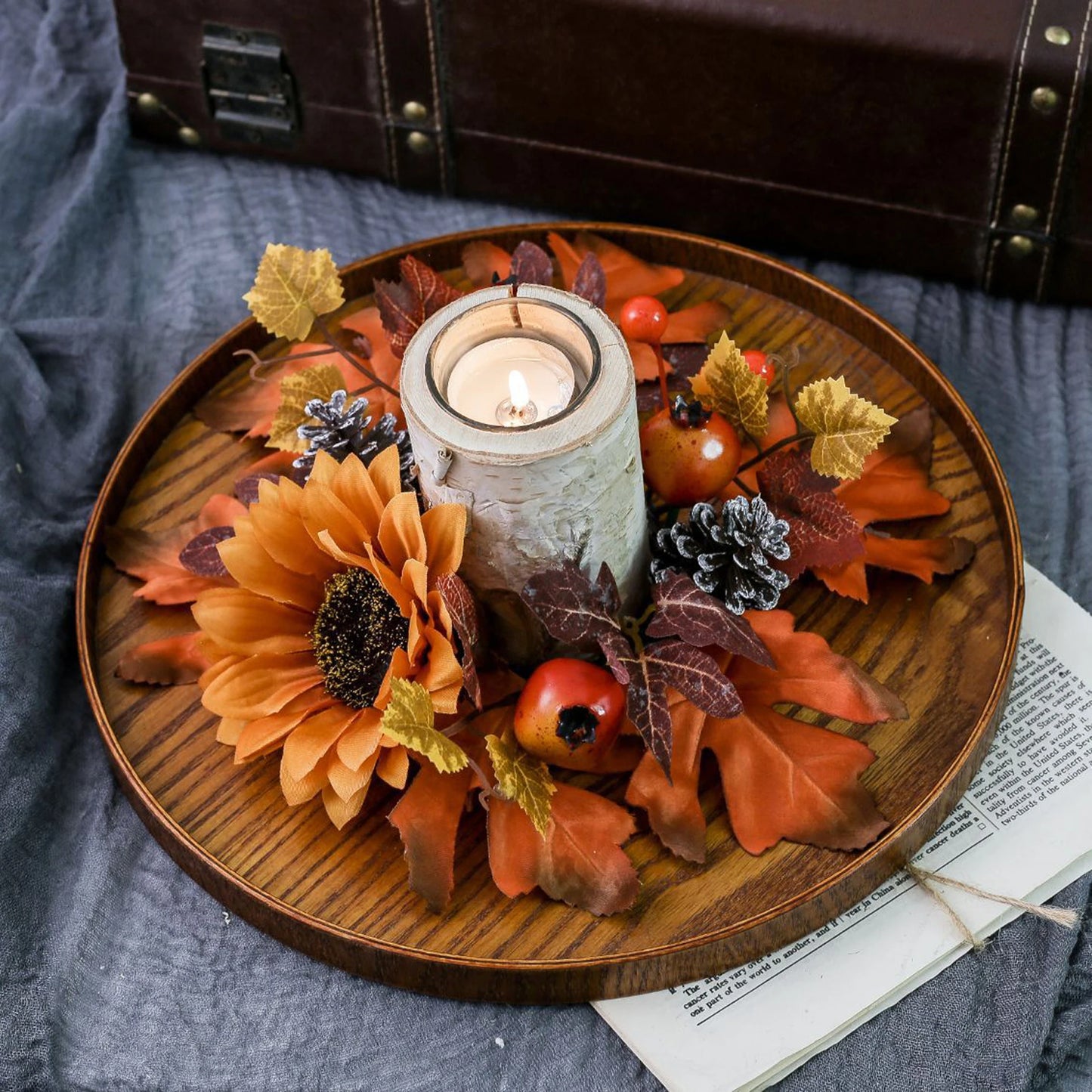 Harvest Pumpkin Spice Scented Candle Centerpiece Autumn Maple Leaf Garland Thanksgiving Table Decoration