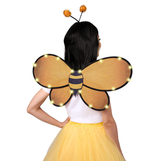 Yellow Bumble Bee Wings Costume Accessories, Light up Bee Wings and Bee Antenna Headband Set for Kids Girls, Halloween Animal Costume Cosplay Party Favors