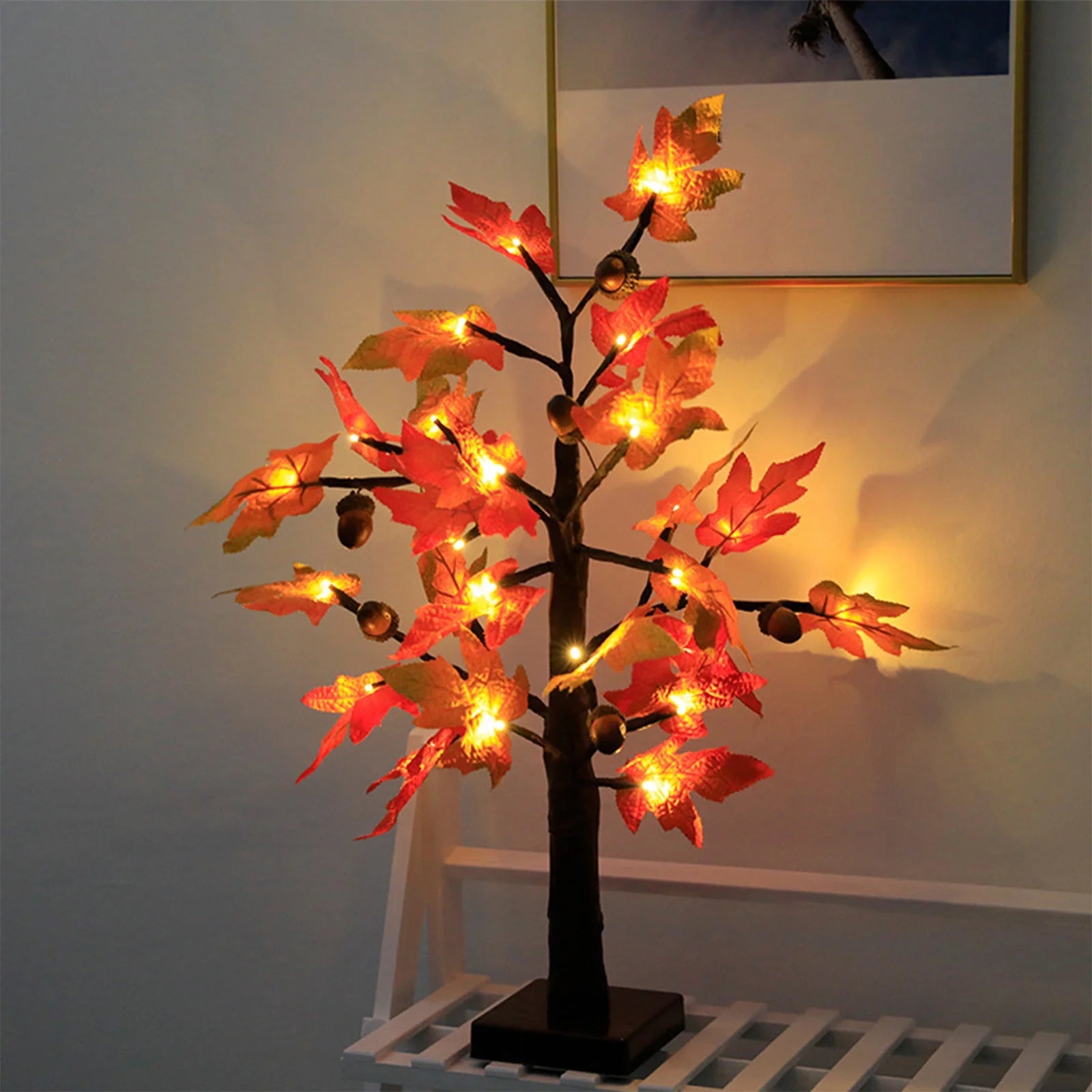 Fall Decorations for Home, 24 Lighted Fall Maple Leaves Tree with Warm White Leds Autumn Decor, Pumpkin Lampshade, Pine Cone, Acorn Ornaments Battery Powered Timer for Thanksgiving