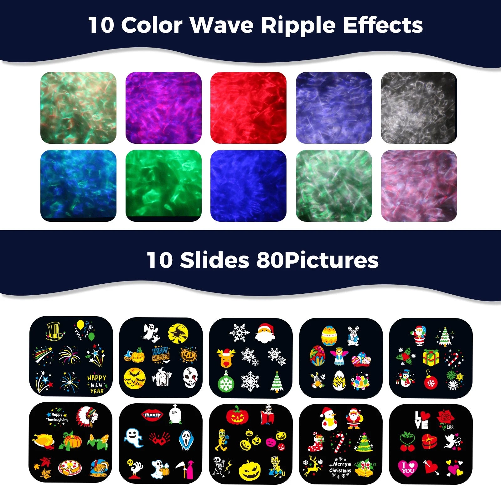 15W Brighter Halloween Decorations Projector Lights and Christmas Projector Outdoor 2025 Upgrade, 10 HD Slides (3D Ocean Wave & Patterns), 30 Holiday Projector Home Party Light Show