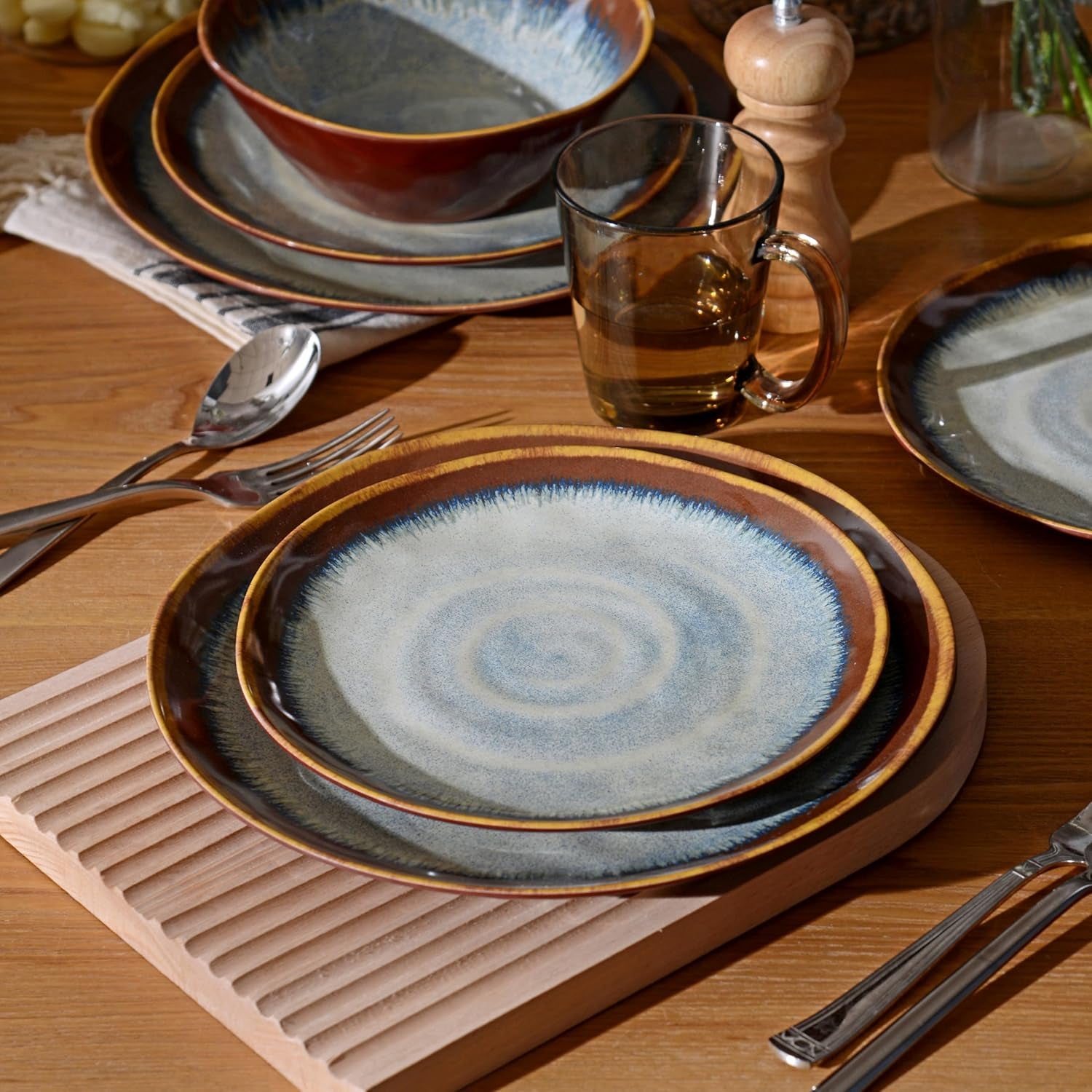 Melamine Dinnerware Set 12 Pcs for 4, Camping Plates and Bowls, Unbreakable, Lightweight, BPA Free, Dishwasher Safe, Blue with Brown