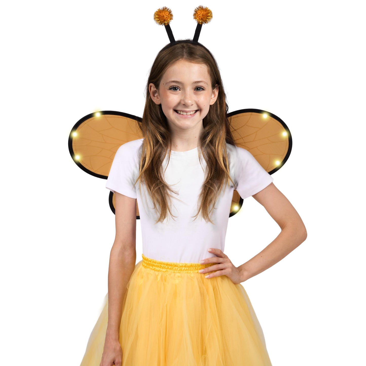 Yellow Bumble Bee Wings Costume Accessories, Light up Bee Wings and Bee Antenna Headband Set for Kids Girls, Halloween Animal Costume Cosplay Party Favors