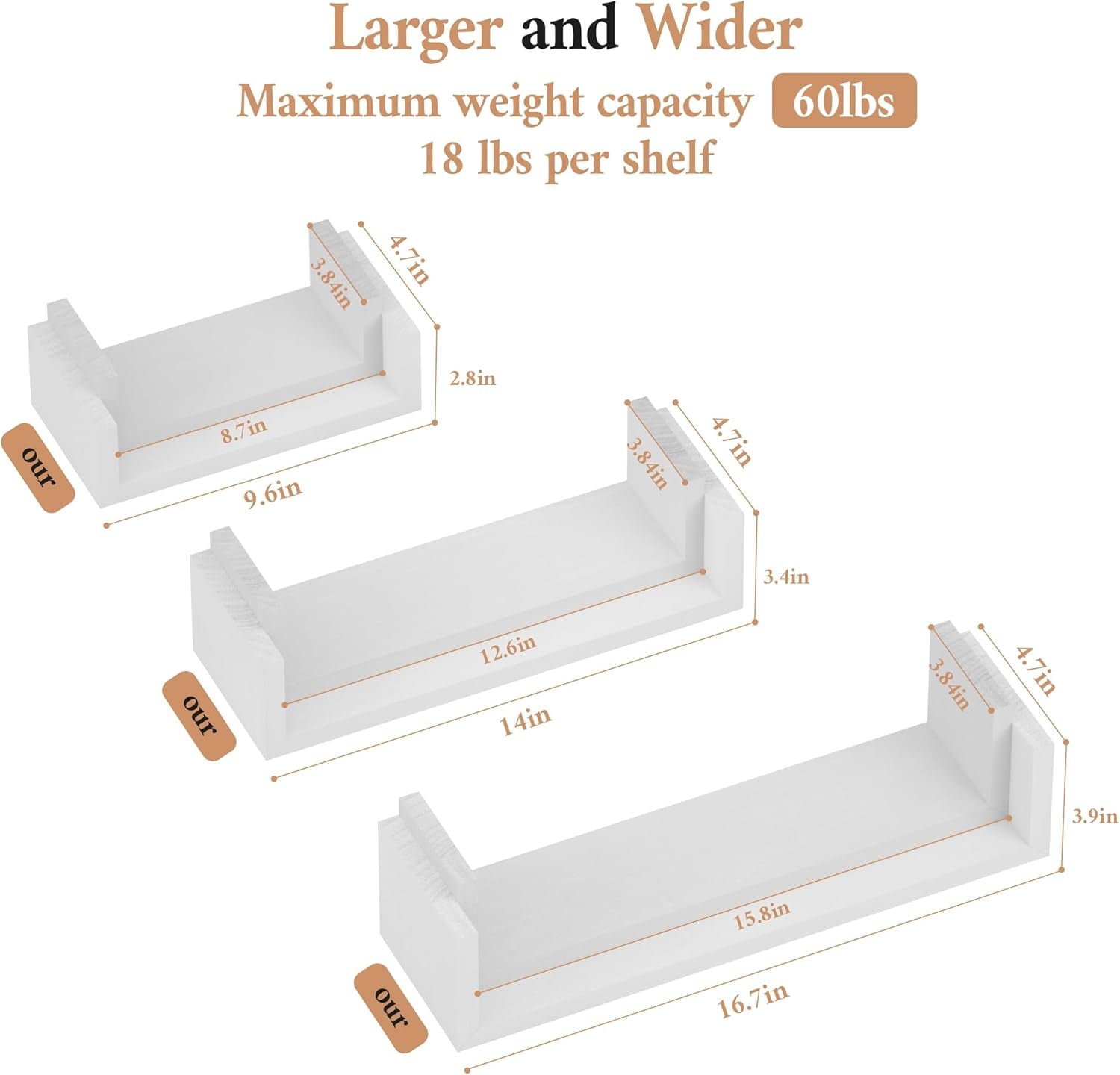 Floating Shelves Wall Mounted, Solid Wood Wall Shelves, White