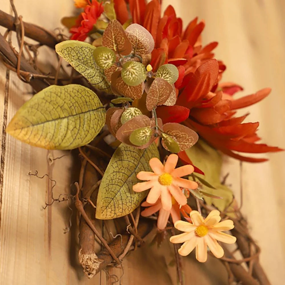 Artificial Autumn Fall Wreath, Harvest Thanksgiving Door Wreath for Front Door with Berry, Maple and Sunflower