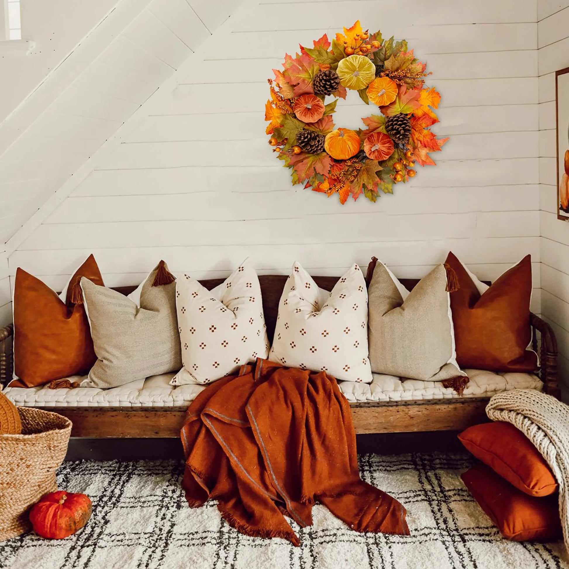 20'' Autumn Pumpkin Wreath Velvet Pumpkin Fall Maple Leaves Pinecones Wreaths for Front Door Home Decor with Metal Hook Large Harvest