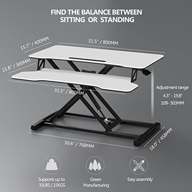 Height Adjustable Standing Desk 32” Wide Sit to Stand Converter Stand up Desk Tabletop Workstation for Laptops Dual Monitor Riser White SD308003WW