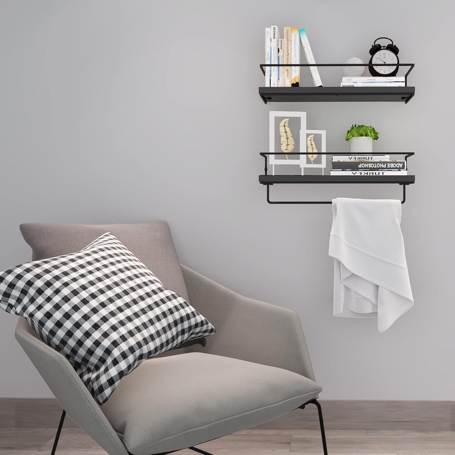 KEZORY Floating Shelves with Towel Rack, Farmhouse Wall Mounted Floating Shelf Storage and Decoration for Bathroom Kitchen Livingroom Bedroom, Home Decor Rustic Wall Decor Set of 2 (Black)