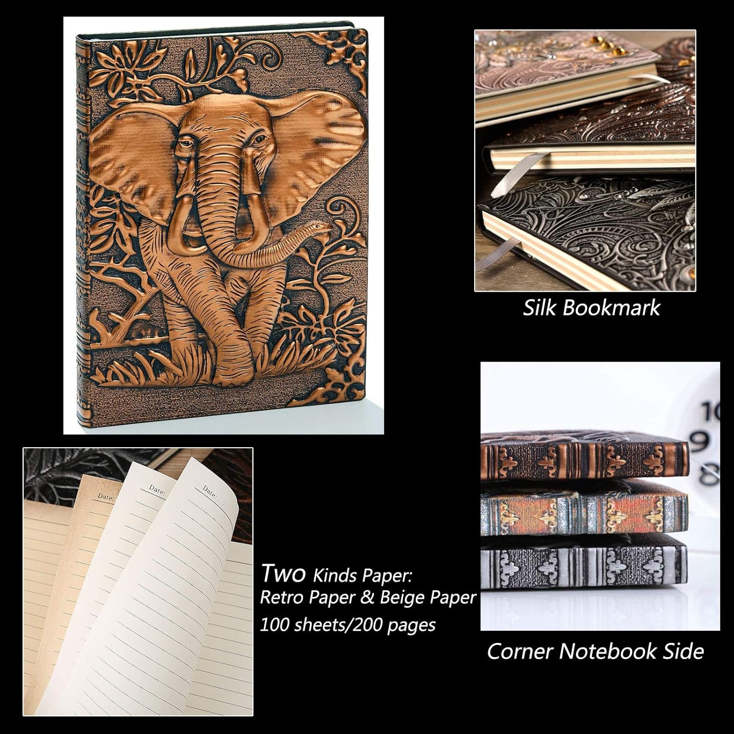 3D Elephant Vintage Leather Journal Writing Notebook with Pen Set,Antique Handmade Leather Daily Notepad Sketchbook,Travel Diary&Notebooks to Write In,Elephant Journal Gift for Men Women