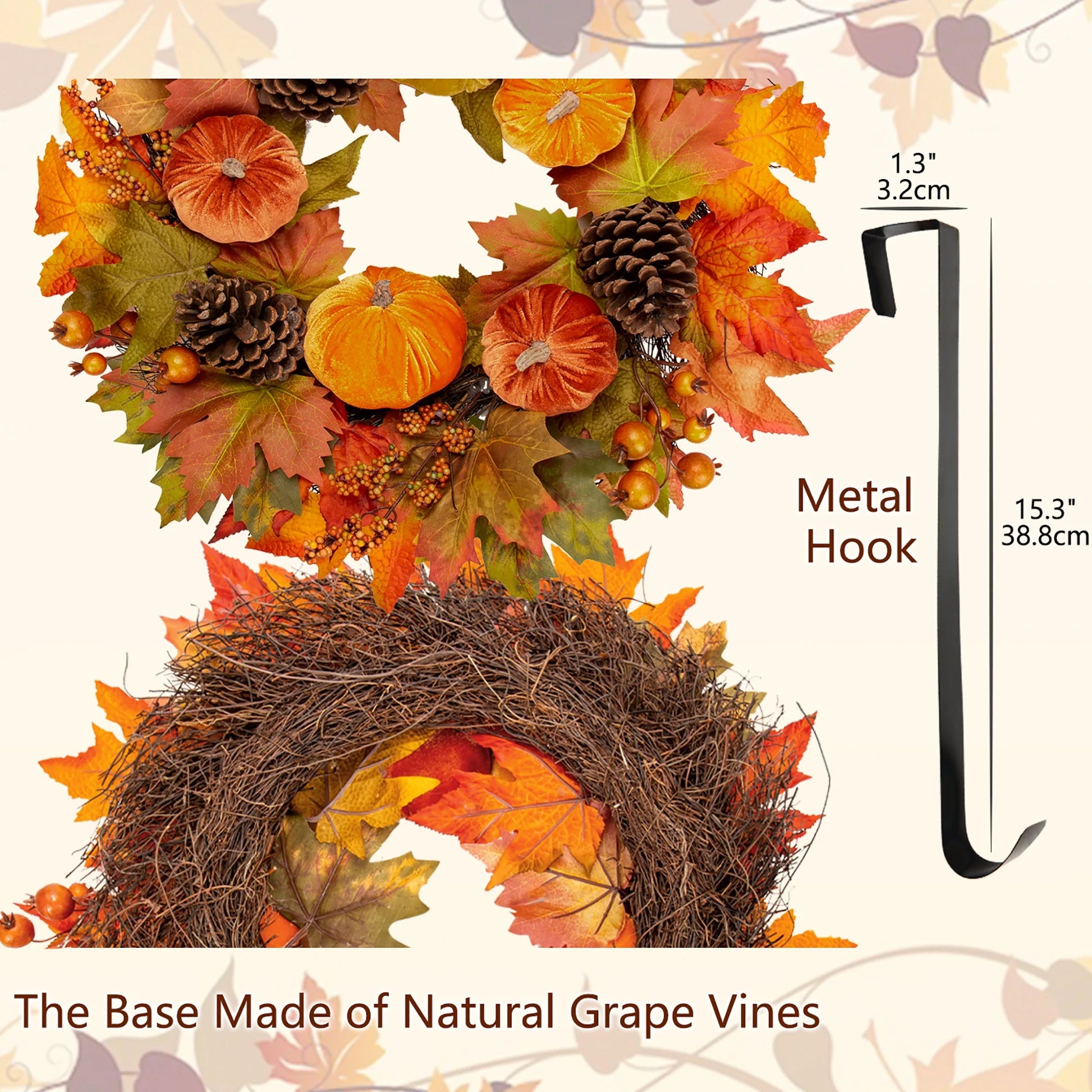 20'' Autumn Pumpkin Wreath Velvet Pumpkin Fall Maple Leaves Pinecones Wreaths for Front Door Home Decor with Metal Hook Large Harvest