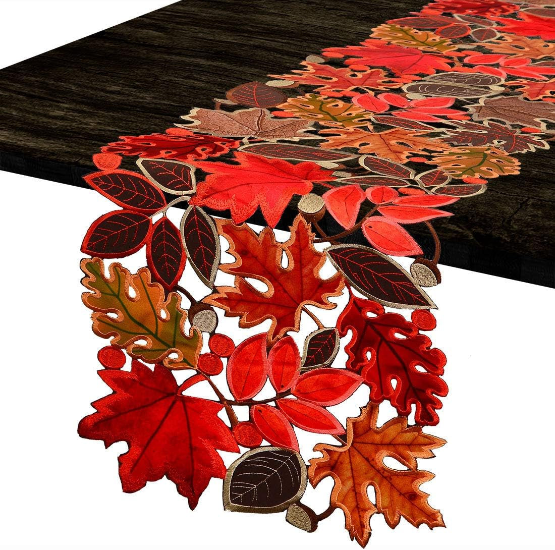 Embroidered Leaves Table Runner for Thanksgiving, Fall or Autumn Harvest Decorations (14 × 89 Inches)
