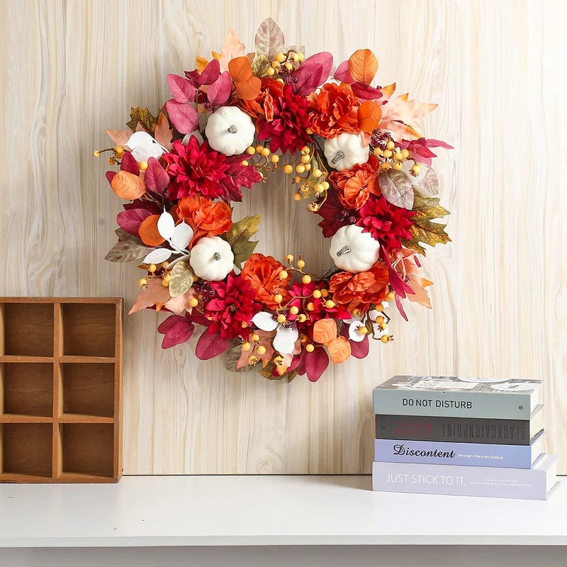 Fall Wreaths for Front Door, 18 Inch Thanksgiving Wreaths Artificial Pumpkin Maple Leaves Autumn Wreaths, Thanksgiving Harvest Festival Fall Decorations Indoor and Outdoor