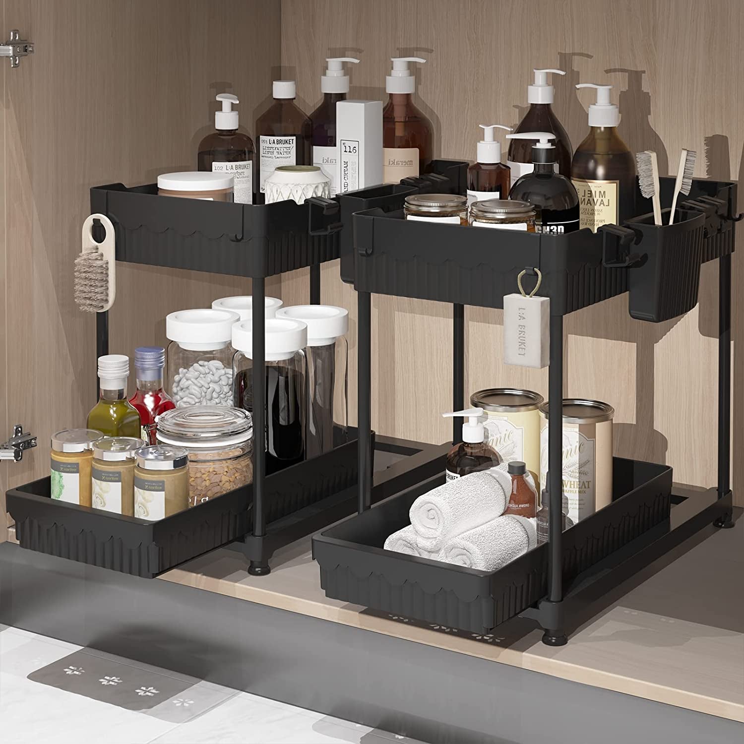 3 Pack Multi-Purpose under Sink Organizers and Storage, 2025 L-Shaped Pull Out Cabinet Organizer for Bathroom & Kitchen, under Cabinet Organizer with Hooks Hanging Cup, Black
