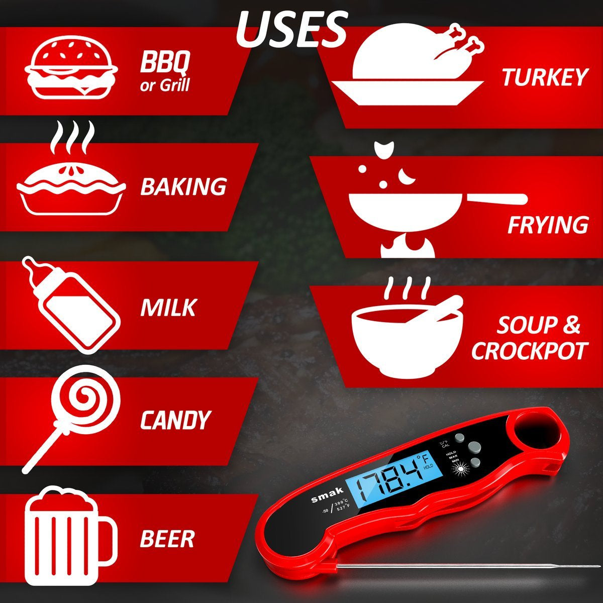 Instant Read Meat Thermometer - Waterproof Kitchen Food Cooking Thermometer with Backlight LCD - Best Super Fast Electric Meat Thermometer Probe for BBQ Grilling Smoker Baking Turkey (Stealth)