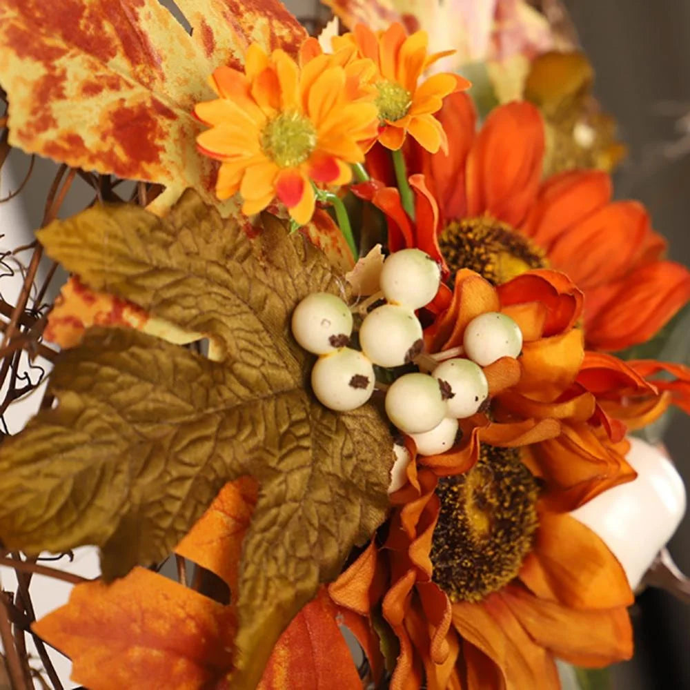 Artificial Autumn Fall Wreath, Harvest Thanksgiving Door Wreath for Front Door with Berry, Maple and Sunflower
