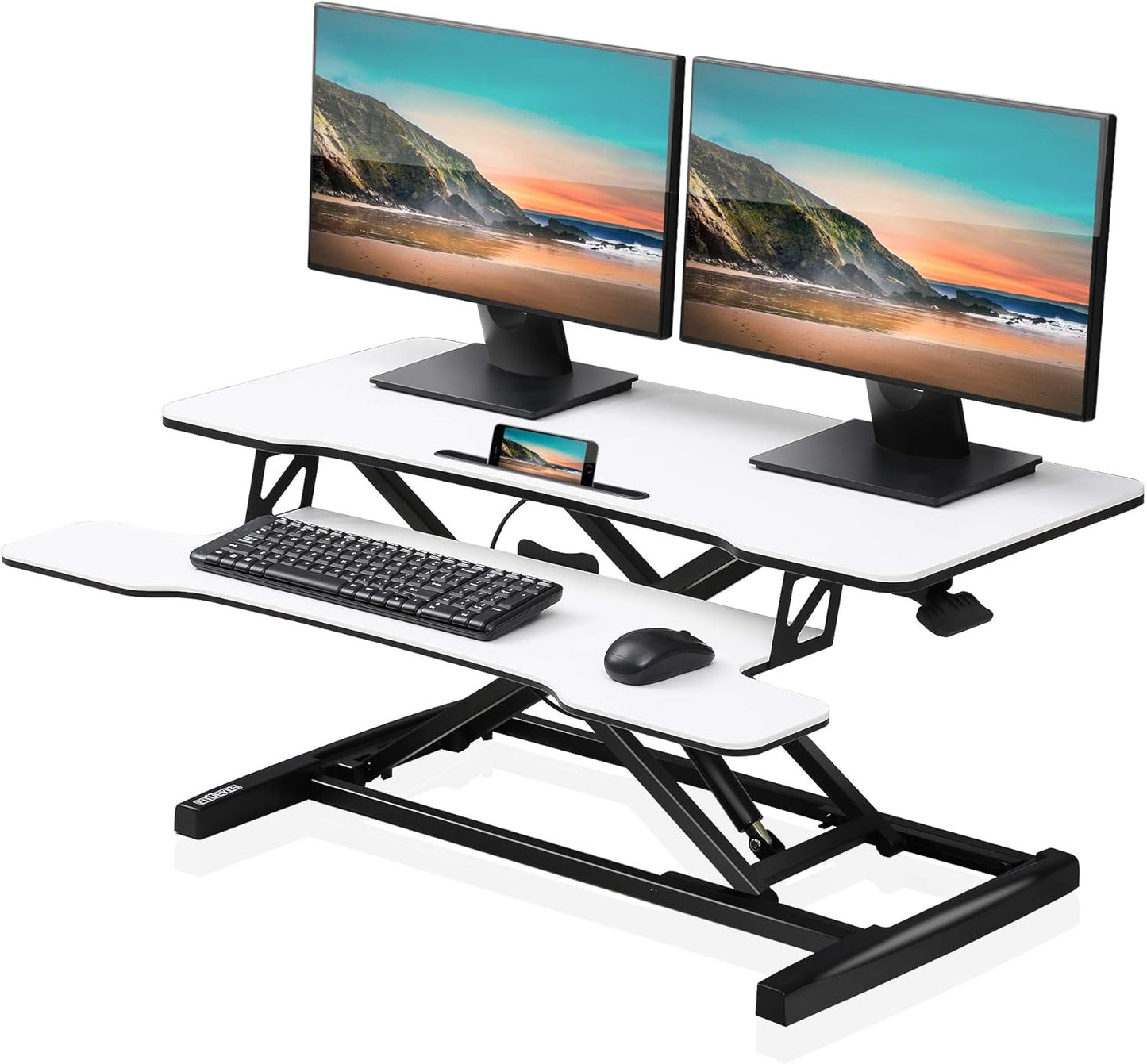 Height Adjustable Standing Desk 32” Wide Sit to Stand Converter Stand up Desk Tabletop Workstation for Laptops Dual Monitor Riser White SD308003WW
