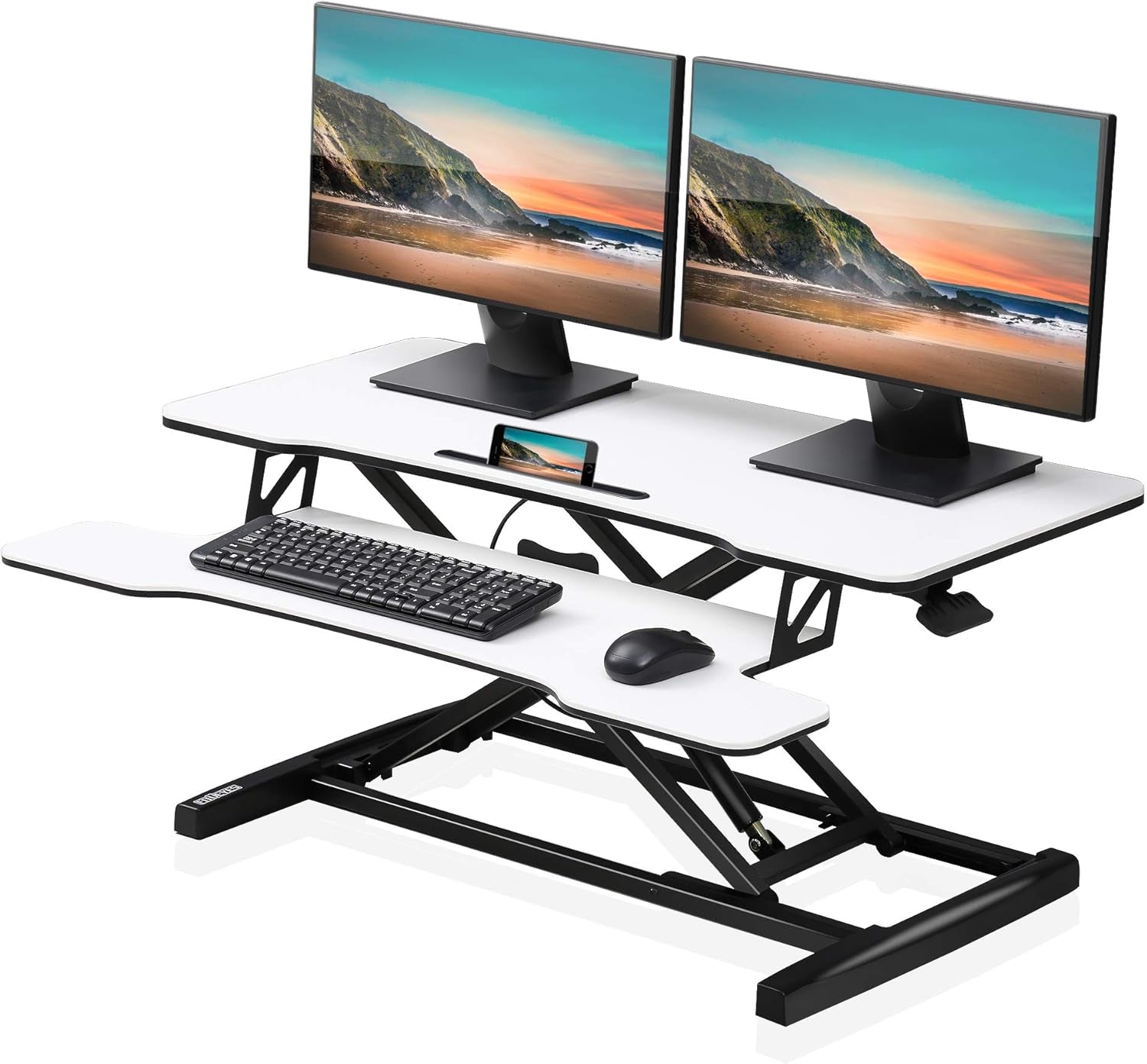Height Adjustable Standing Desk 32” Wide Sit to Stand Converter Stand up Desk Tabletop Workstation for Laptops Dual Monitor Riser White SD308003WW