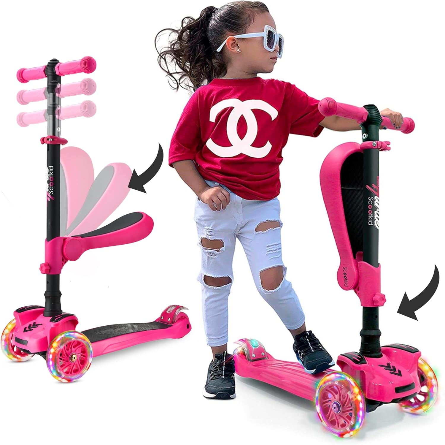 3-Wheeled Scooter for Kids - Wheel LED Lights, Adjustable Lean-To-Steer Handlebar, and Foldable Seat - Sit or Stand Ride with Brake for Boys and Girls Ages 1-14 Years Old