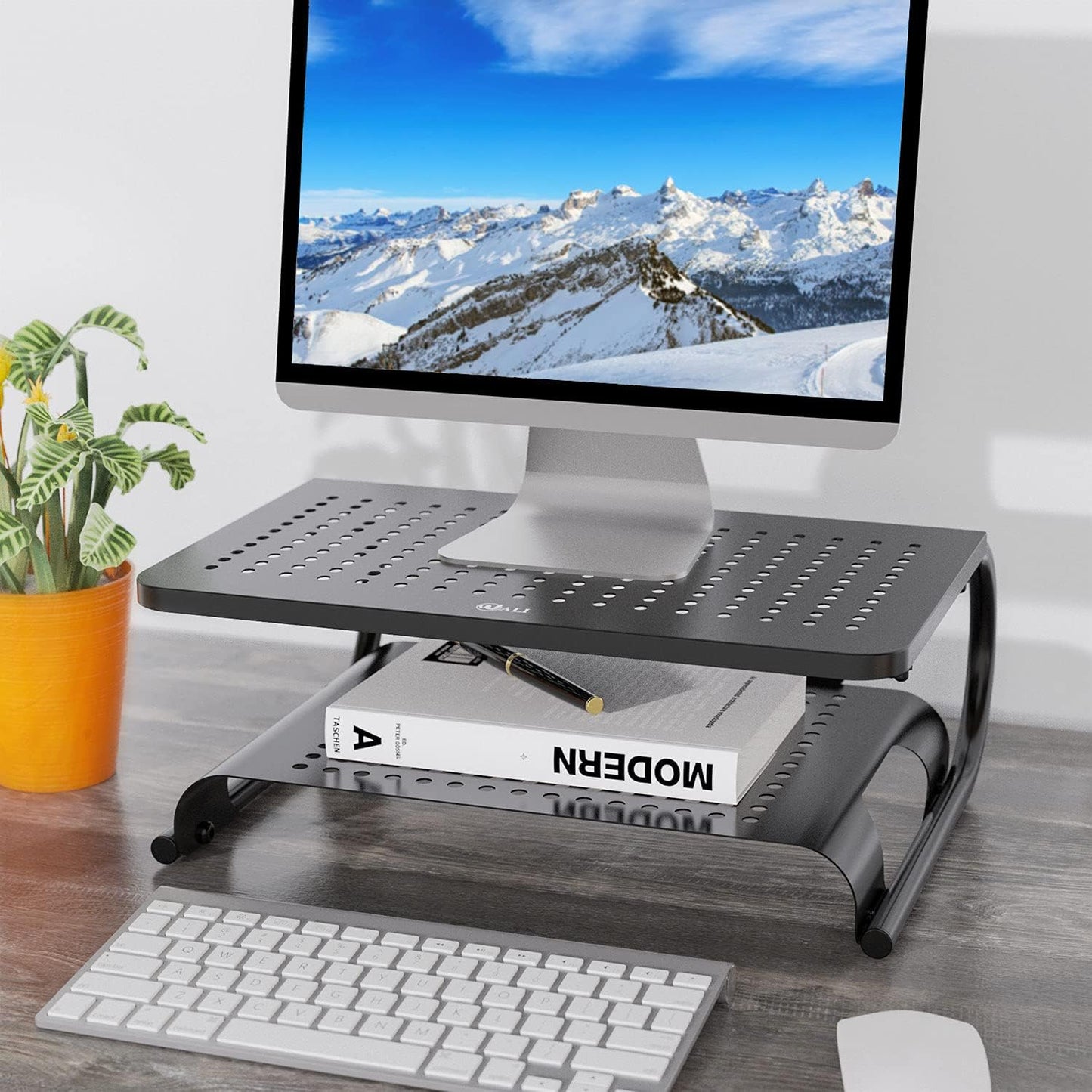 Monitor Stand Riser, Computer Desktop Stand Riser Holder, Vented Metal 2 Tier Desk Shelf for Desk Organizer (STT001B-2), 2 Pack, Black