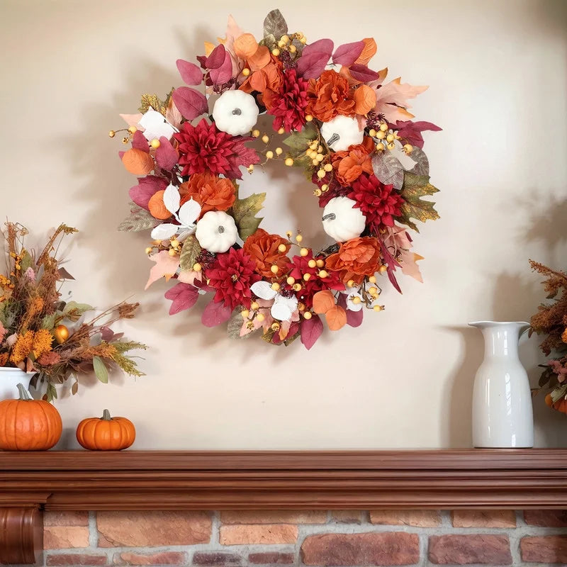 Fall Wreaths for Front Door, 18 Inch Thanksgiving Wreaths Artificial Pumpkin Maple Leaves Autumn Wreaths, Thanksgiving Harvest Festival Fall Decorations Indoor and Outdoor