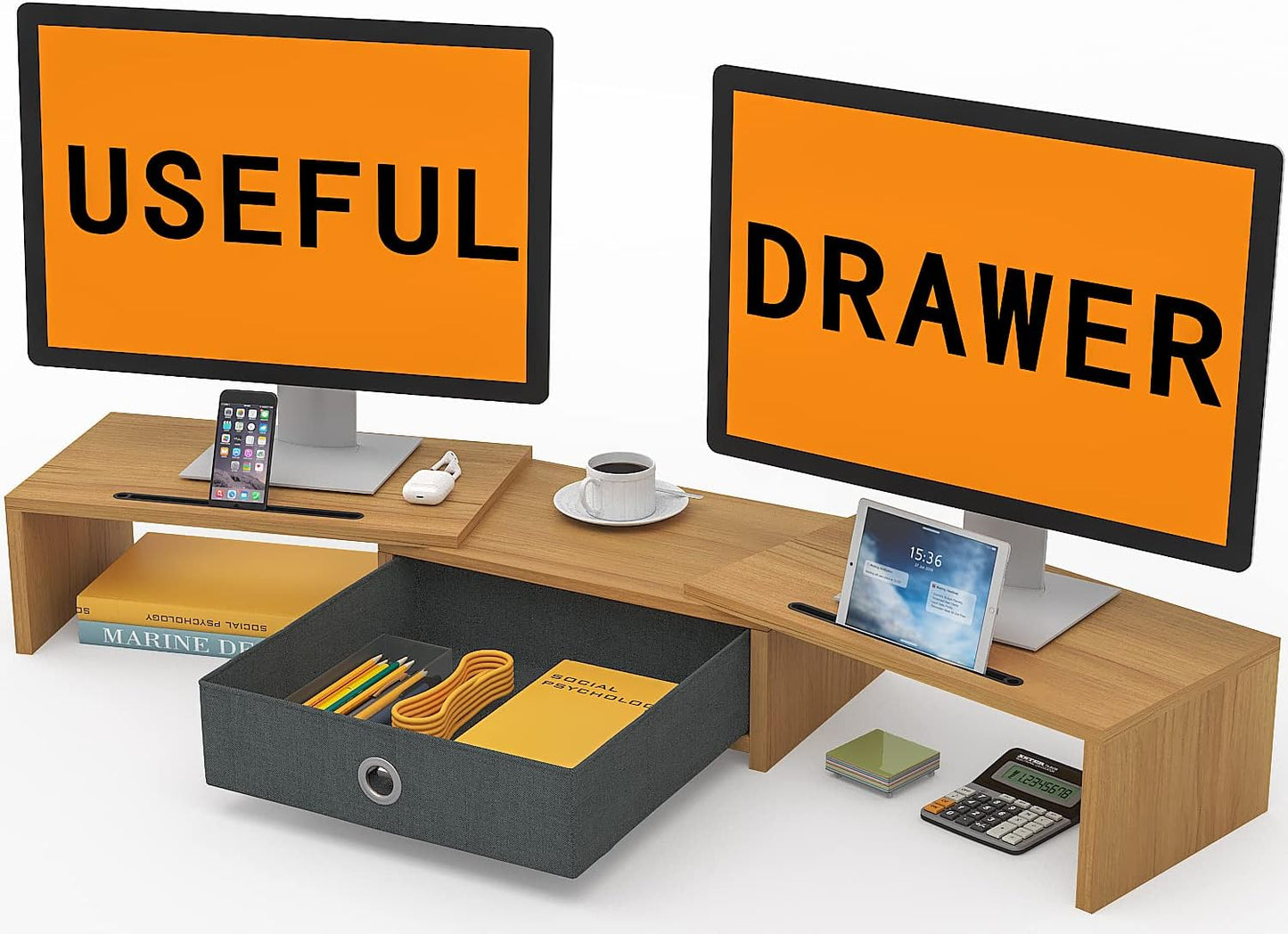 Dual Monitor Stand Riser with Drawer, Adjustable Length and Angle Monitor 2 Solts for Phone & Tablet, Desktop Organizer Stand for Computer/Laptop/Pc/Printer