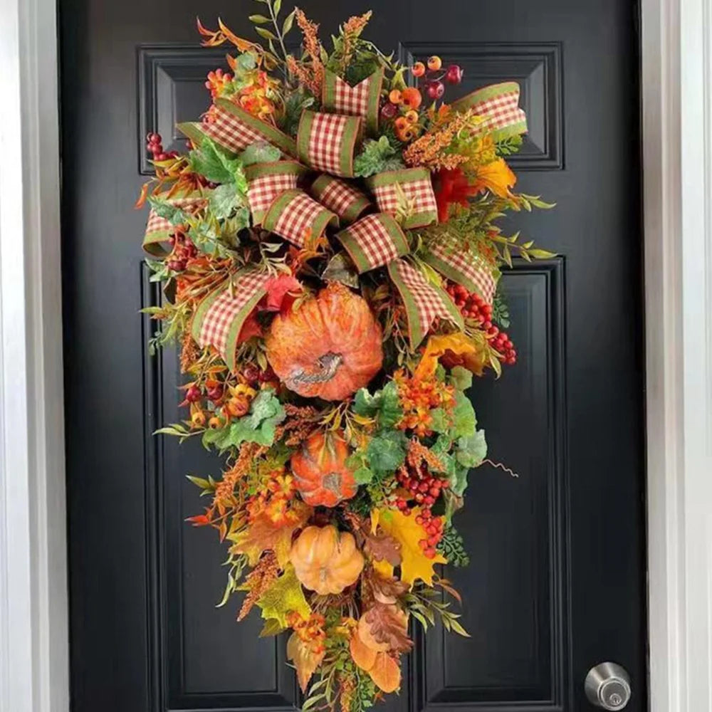 Fall Harvest Teardrop Swag Thanksgiving Teardrop Wreath with Maple Leaves & Pumpkins Artificial Floral Swag for Home Wall Door Indoor Outdoor Wedding Home Party Halloween Decor 20Inch
