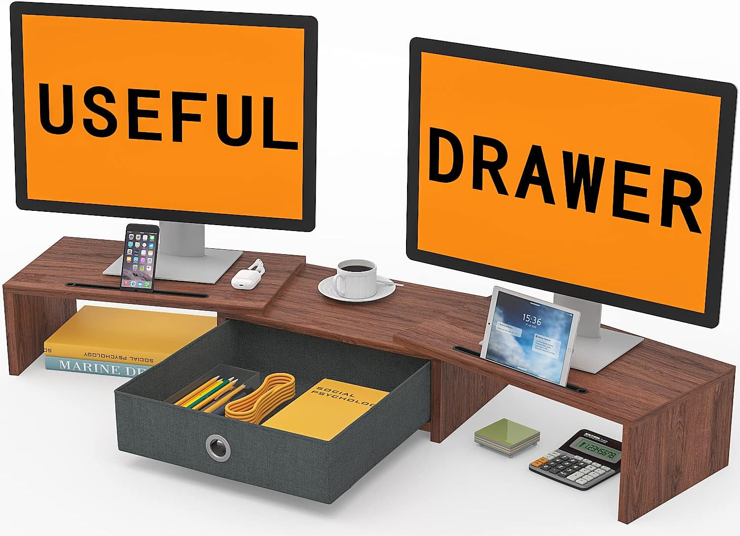 Dual Monitor Stand Riser with Drawer, Adjustable Length and Angle Monitor 2 Solts for Phone & Tablet, Desktop Organizer Stand for Computer/Laptop/Pc/Printer