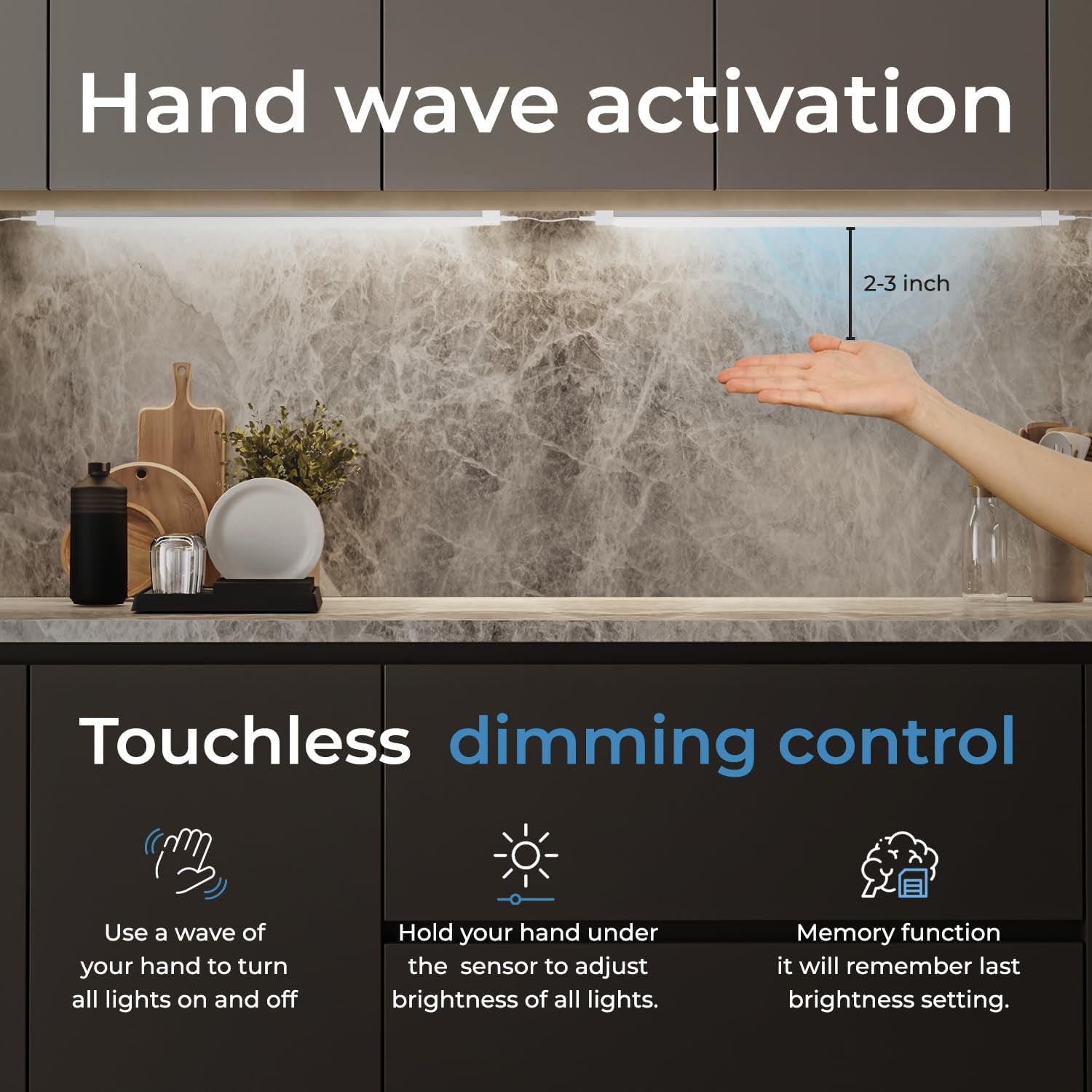 Hand Wave Activated under Cabinet LED Lighting Kit, Dimmable, 3-Pack 12 in - Touchless Dimming Control, White under Counter Lights for Kitchen, Garage, Office, Desk - Cool White (6000K)