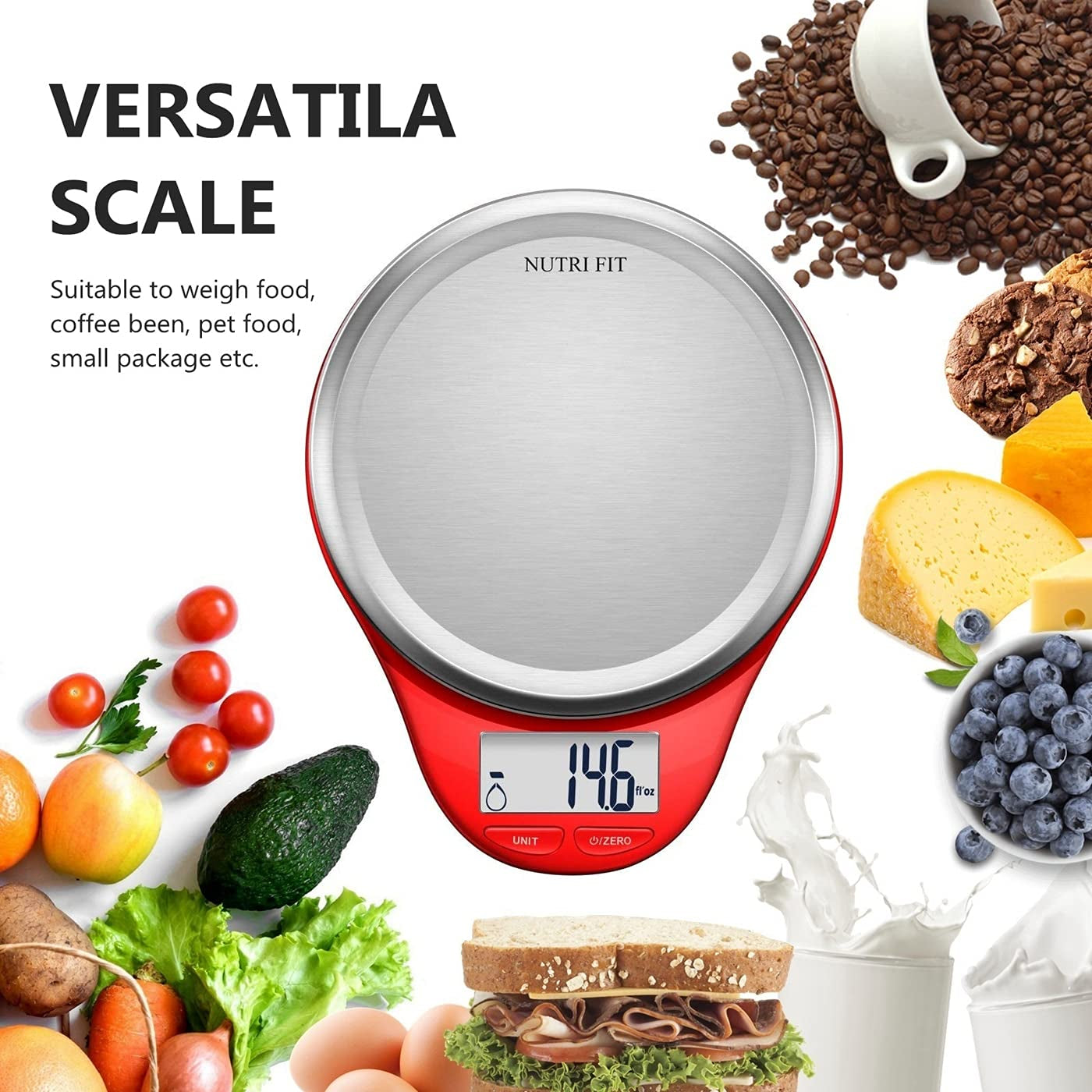 Food Scale,  Kitchen Scales Digital Weight Grams and Ounces Large Stainless Steel Platform for Baking Cooking Weight Loss, High Accuracy Bread Coffee Scale, 1G Increment Tare Function, Red