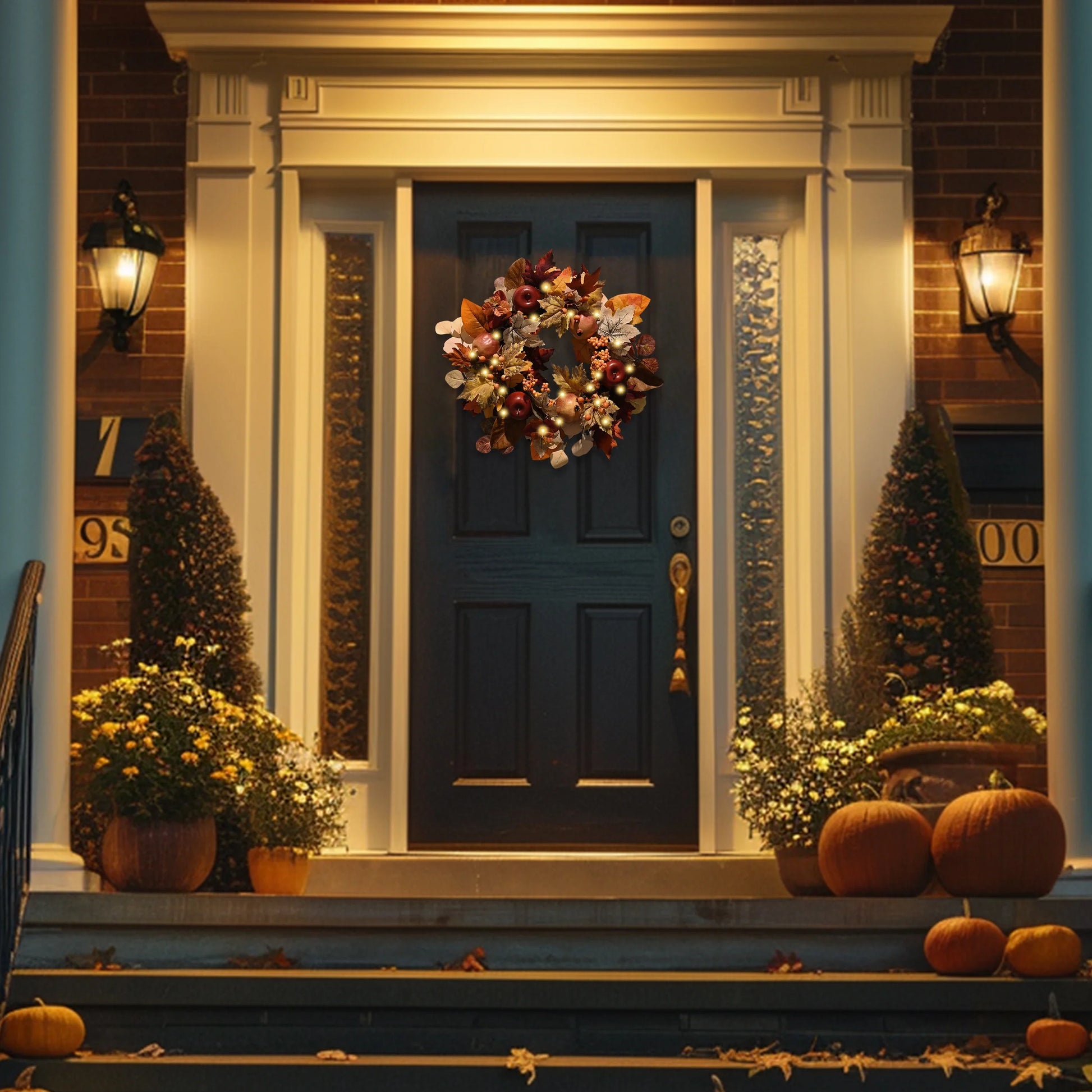 24 Inches Pre-Lit Fall Wreath Lighted Thanksgiving Wreath with Pomegranate & Apple Fall Wreath for Front Door Indoor Fireplace Farmhouse