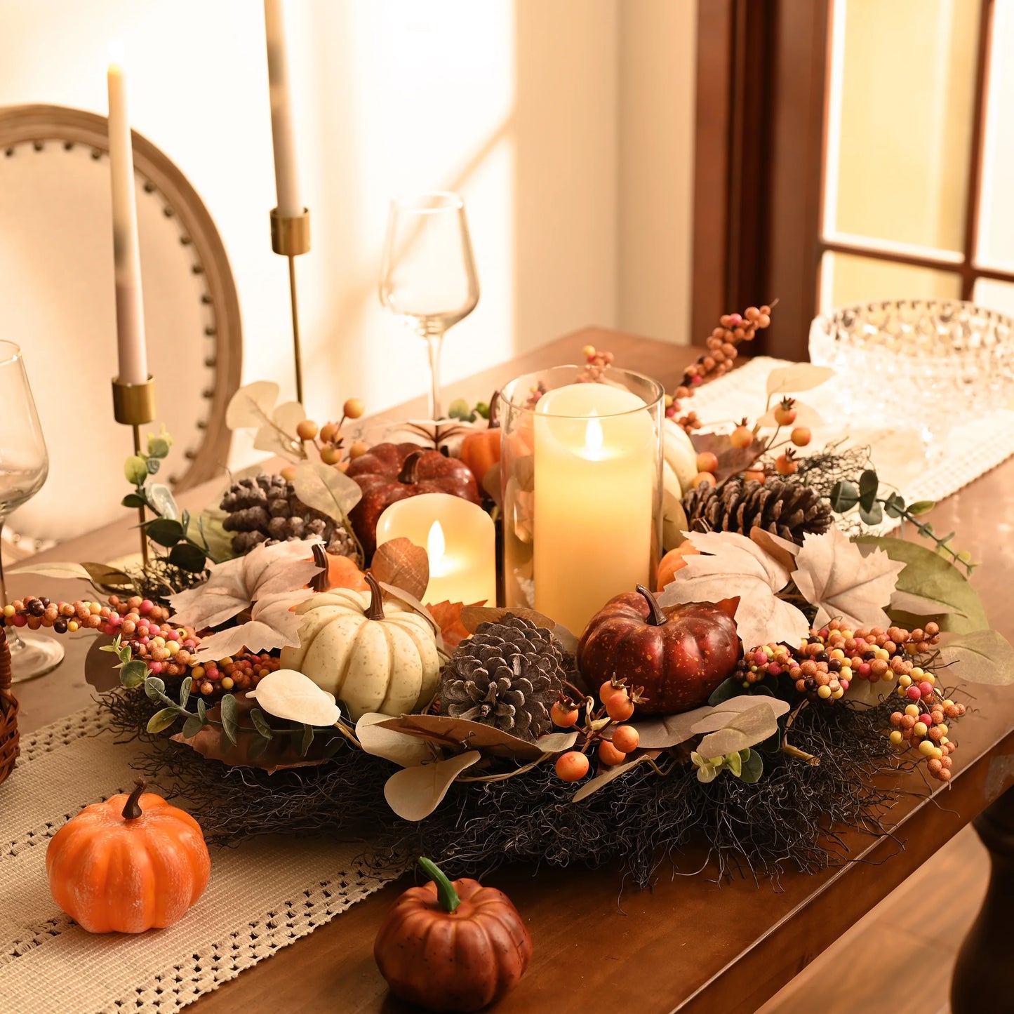24 Inches Pre-Lit Fall Wreath Lighted Thanksgiving Wreath with Red Orange White Pumpkin & Pine Cone Harvest Wreath for Front Door Fireplace Farmhouse