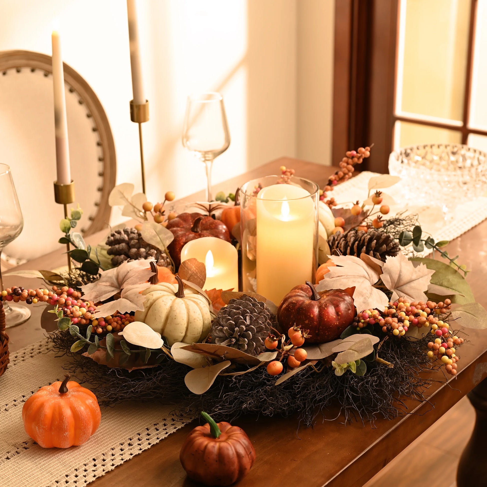 24 Inches Pre-Lit Fall Wreath Lighted Thanksgiving Wreath with Red Orange White Pumpkin & Pine Cone Harvest Wreath for Front Door Fireplace Farmhouse