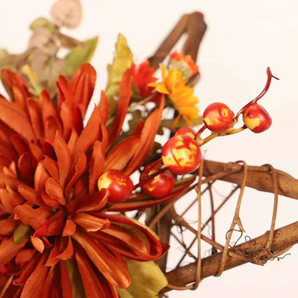 Artificial Autumn Fall Wreath, Harvest Thanksgiving Door Wreath for Front Door with Berry, Maple and Sunflower