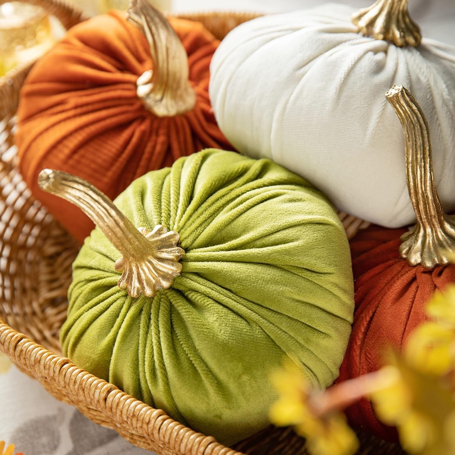 3 Pack Velvet Pumpkins, Orange White Green Artificial Pumpkins for Fall Harvest Thanksgiving Table Decoration