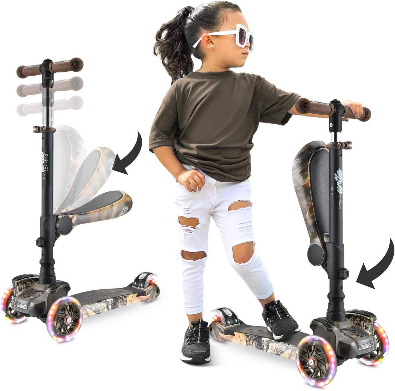 3-Wheeled Scooter for Kids - Wheel LED Lights, Adjustable Lean-To-Steer Handlebar, and Foldable Seat - Sit or Stand Ride with Brake for Boys and Girls Ages 1-14 Years Old