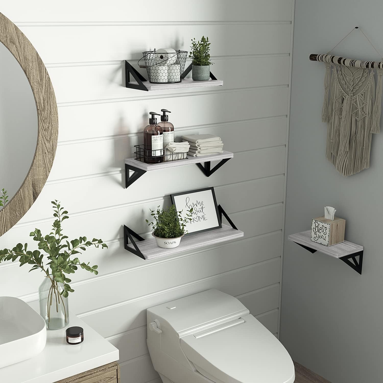 White Floating Shelves Wall Mounted Set of 4, Small Bookshelf for Bedroom, Office Wall Storage, Rustic Wood Shelves for Bathroom, Living Room, Kitchen Decor, Room Organization