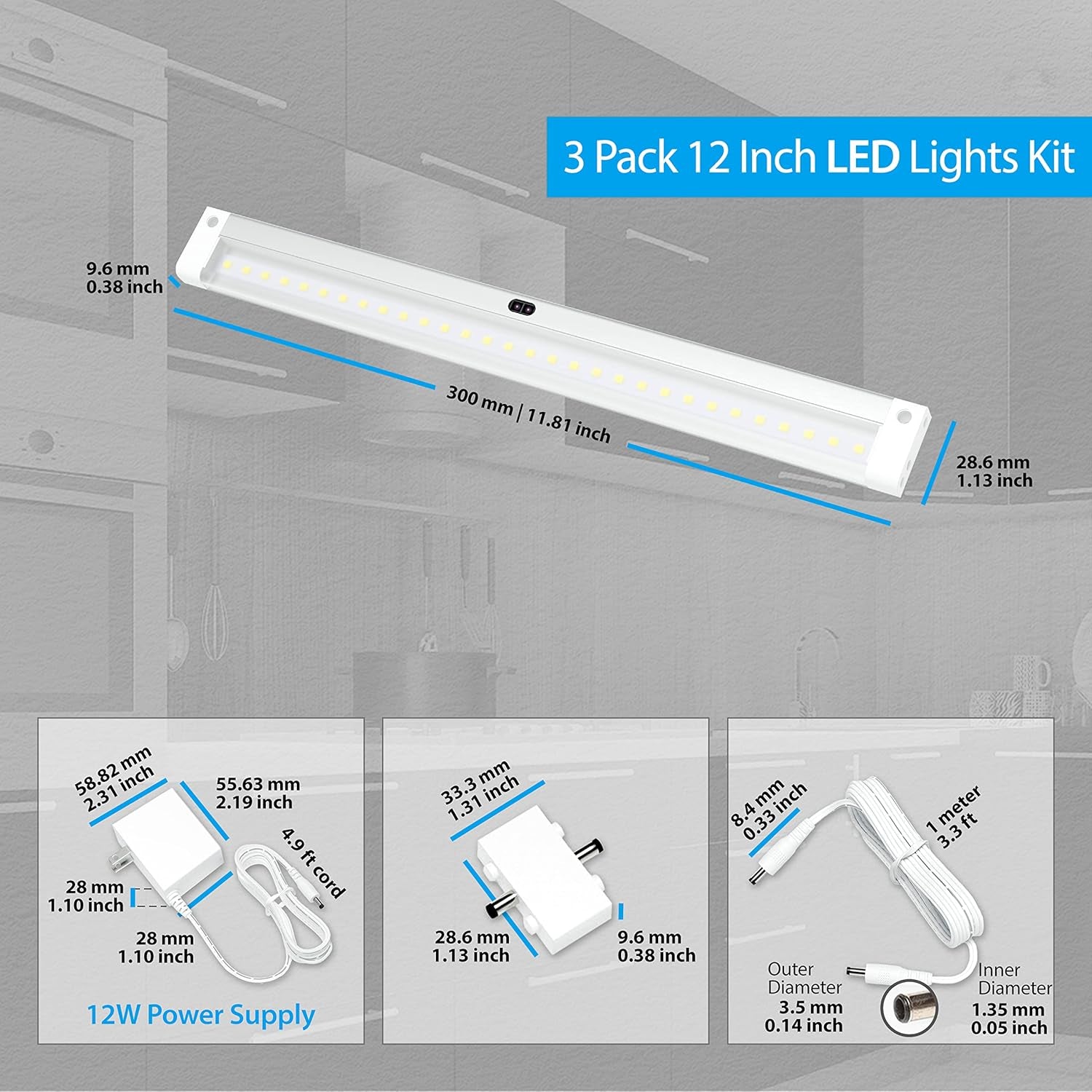 Hand Wave Activated under Cabinet LED Lighting Kit, Dimmable, 3-Pack 12 in - Touchless Dimming Control, White under Counter Lights for Kitchen, Garage, Office, Desk - Cool White (6000K)