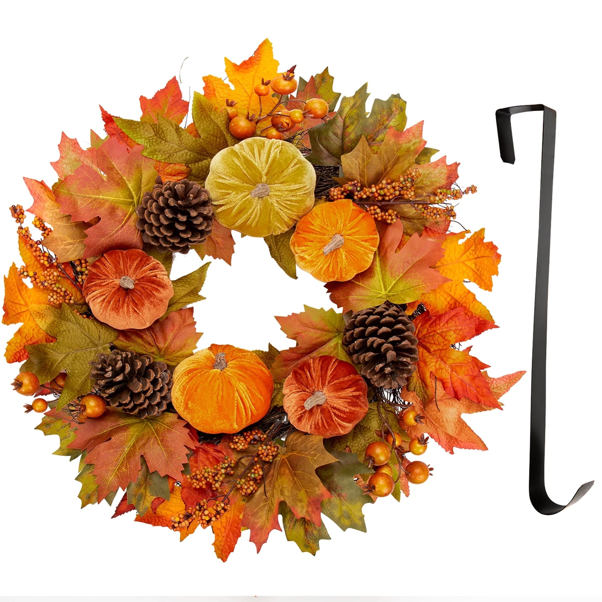 20'' Autumn Pumpkin Wreath Velvet Pumpkin Fall Maple Leaves Pinecones Wreaths for Front Door Home Decor with Metal Hook Large Harvest