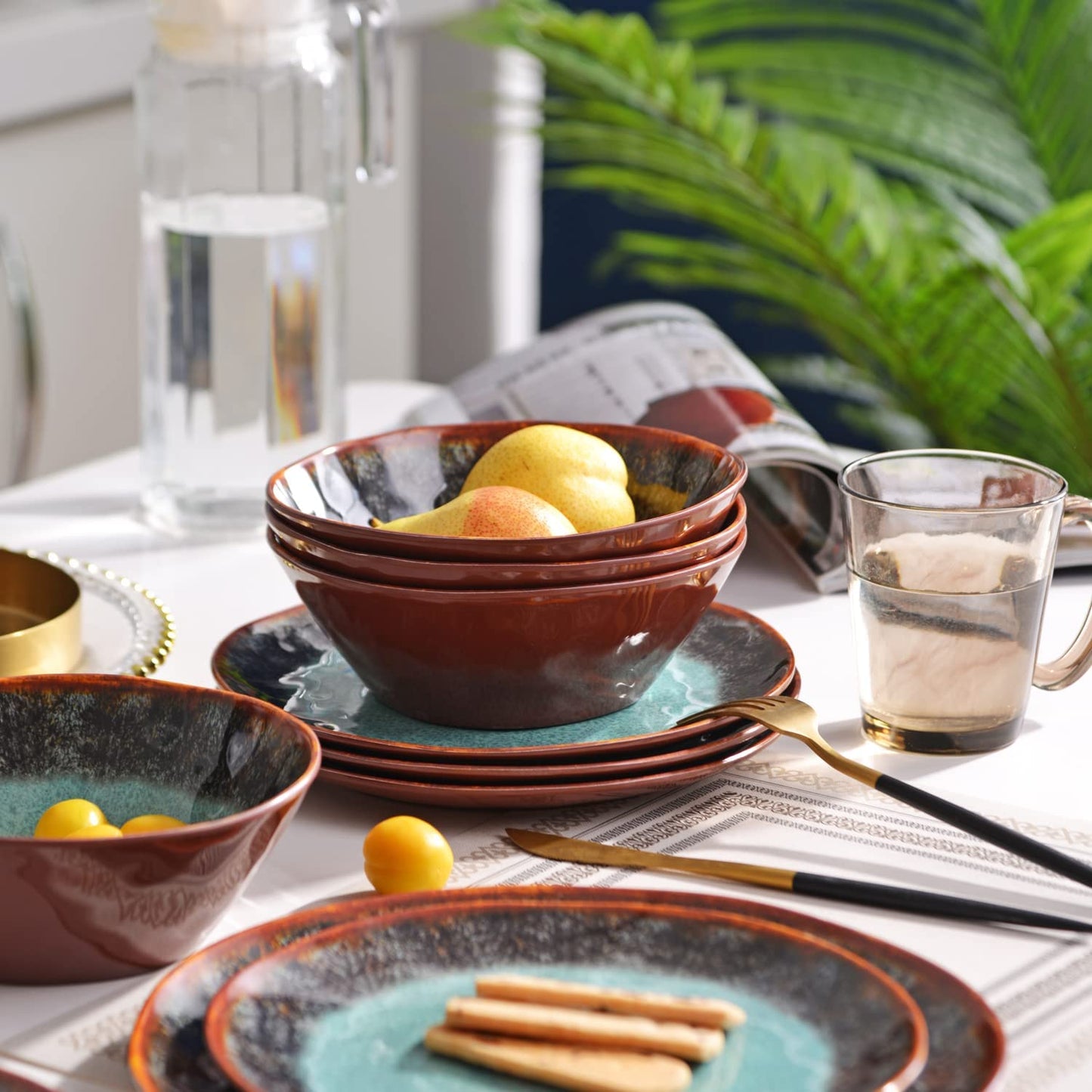 Melamine Dinnerware Set 12 Pcs for 4, Camping Plates and Bowls, Unbreakable, Lightweight, BPA Free, Dishwasher Safe, Blue with Brown