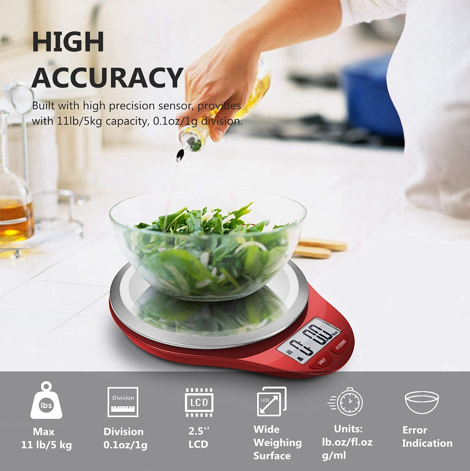 Food Scale,  Kitchen Scales Digital Weight Grams and Ounces Large Stainless Steel Platform for Baking Cooking Weight Loss, High Accuracy Bread Coffee Scale, 1G Increment Tare Function, Red