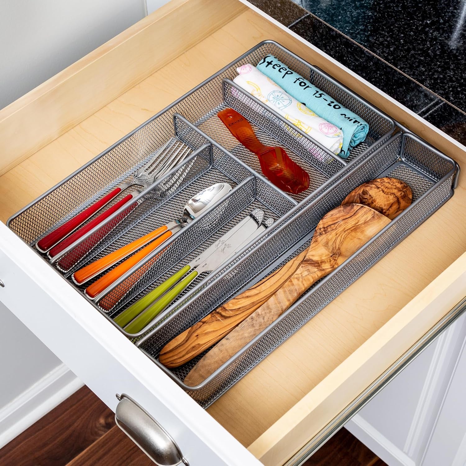 KCH-02163 Steel Mesh 7-Compartment Expandable Utility Drawer Organizer, Silver