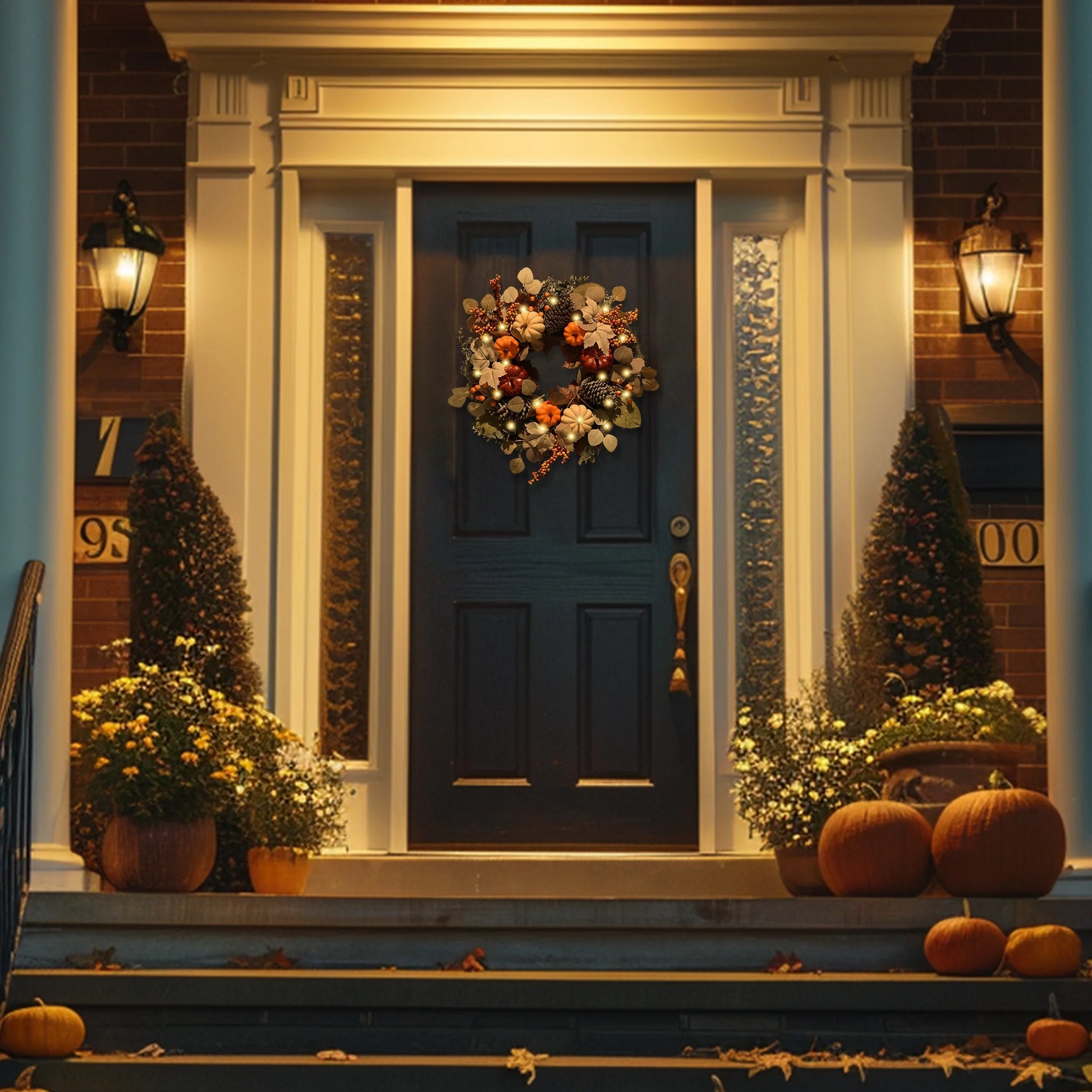 24 Inches Pre-Lit Fall Wreath Lighted Thanksgiving Wreath with Red Orange White Pumpkin & Pine Cone Harvest Wreath for Front Door Fireplace Farmhouse