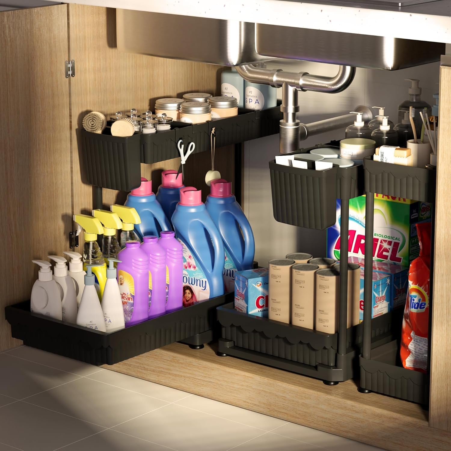 3 Pack Multi-Purpose under Sink Organizers and Storage, 2025 L-Shaped Pull Out Cabinet Organizer for Bathroom & Kitchen, under Cabinet Organizer with Hooks Hanging Cup, Black